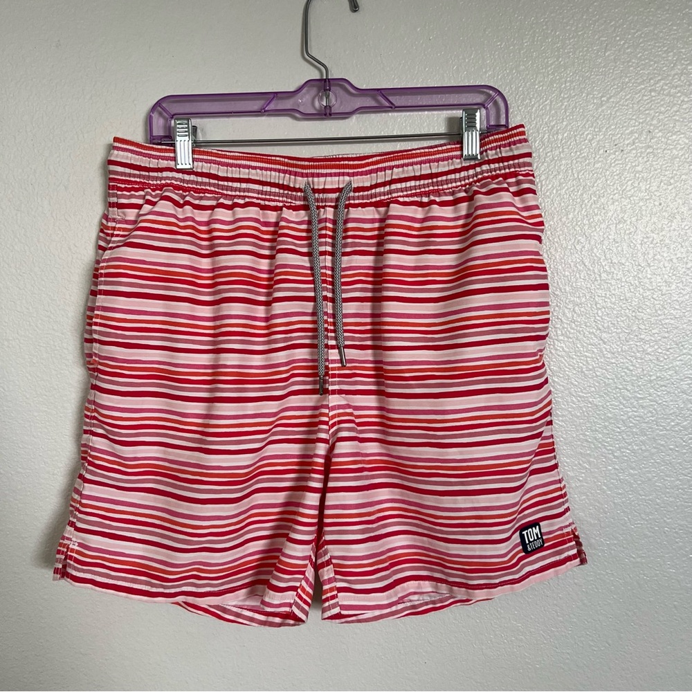 Tom & Teddy Red, Pink, and White Striped Board Shorts swim trunks